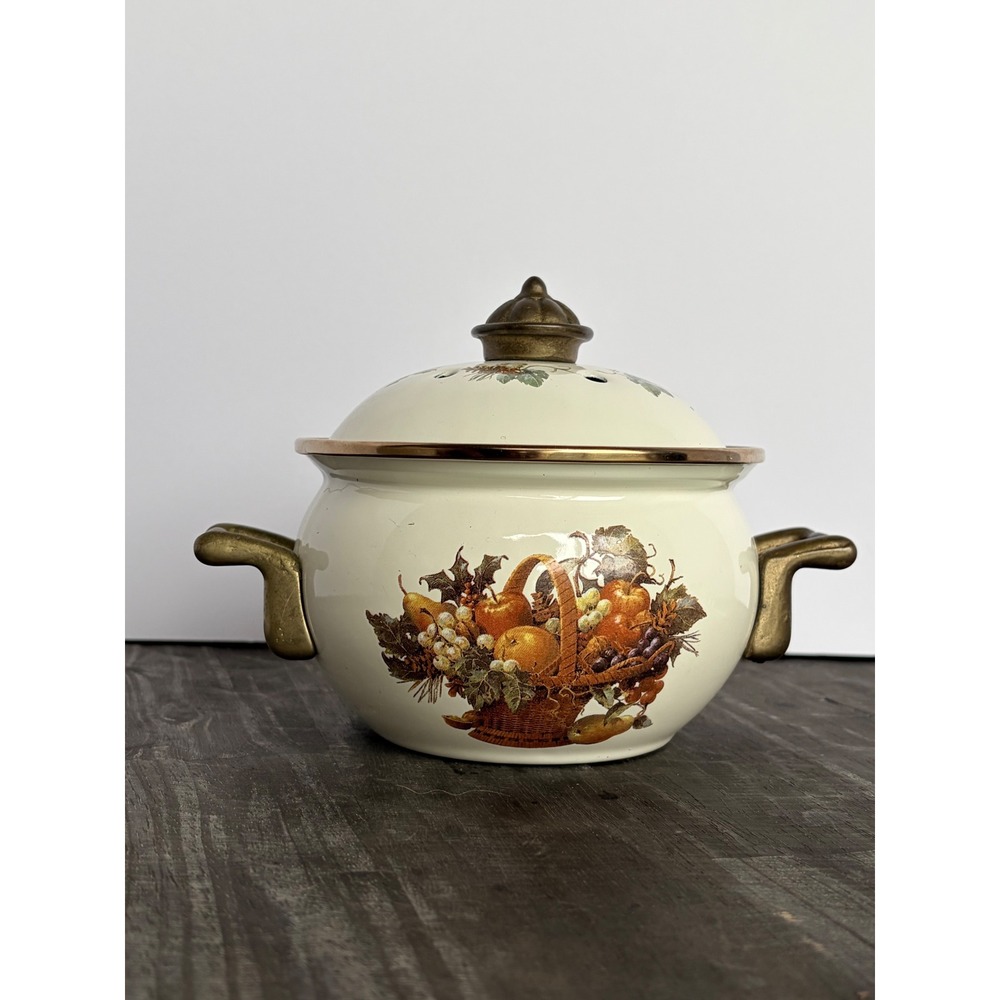 Enamelware Fruit Basket Pot with Vented Lid Brass Handles Taiwan Cream